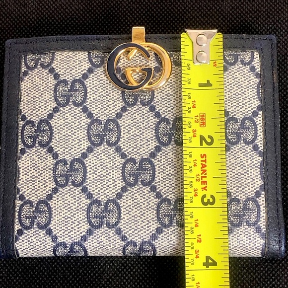 GUCCI GG Monogram Navy Blue Leather Coated Canvas Compact Bifold Wallet Vintage - Picture 10 of 17